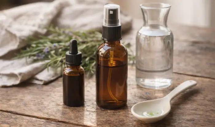 zutaten-zeckenspray-selbstgemacht Die Zutaten für ein selbstgemachtes Zeckenspray: Schwarzkümmelöl, Wasser, ein Tropfen Spülmittel und eine braune Flasche mit Pump-Sprüh-Aufsatz. Alles auf einem Holztisch arrangiert.