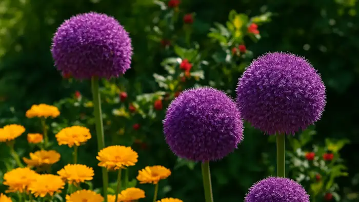 Zierlauch und Ringelblumen in einem Beet, beides sind Pflanzen gegen Zecken