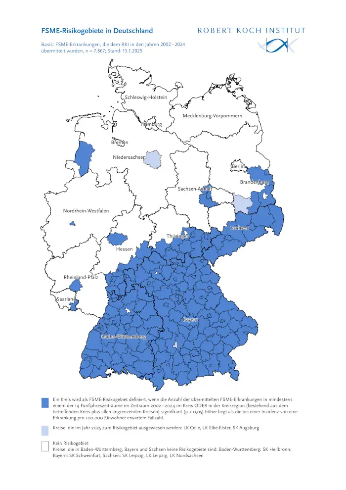 Karte der FSME-Risikogebiete, vom RKI erstellt.